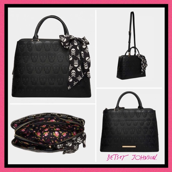Betsey Johnson Skulltastic Skull Black Purse Satchel Handbag with scarf - Picture 1 of 5